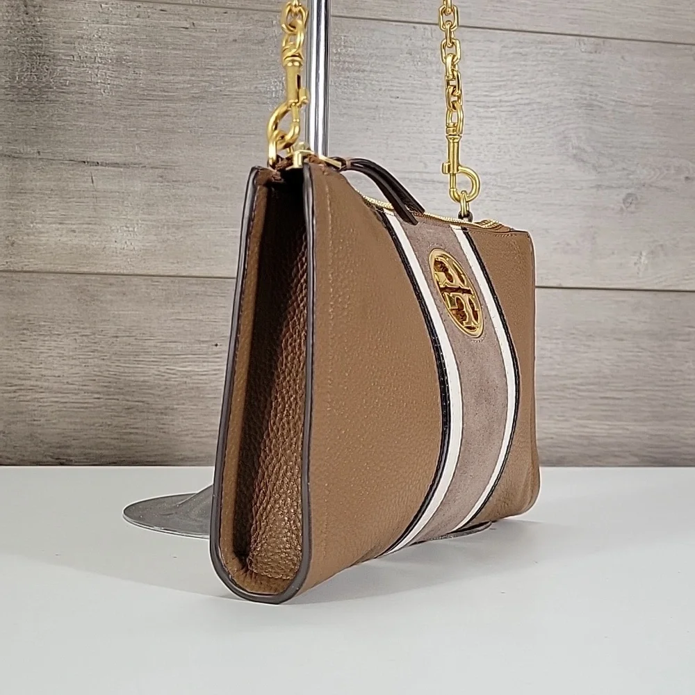 Tory Burch Brown Leather Crossbody Bag with Striped Accent